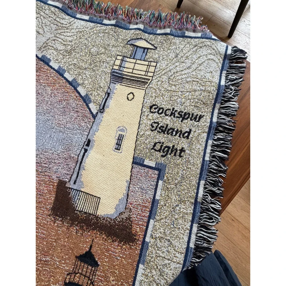 VTG Home Interiors Lighthouse Cotton Woven Throw Blanket Multicolor Nautical